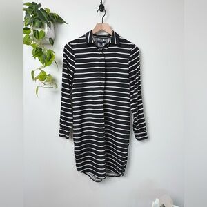 Madewell Silk Shirt Dress Black White Stripe XS Button Front Collared Mini Dress